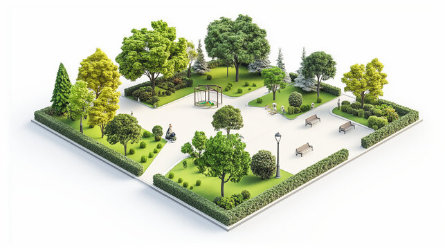 3d isometric view of a nice park on white background