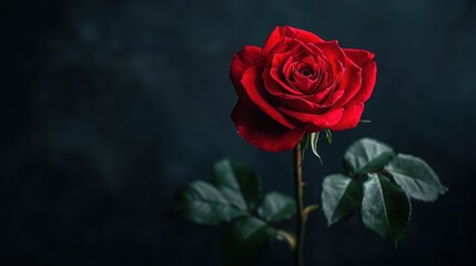 A single, deep red rose stands elegantly against a dark background. The rich color and subtle lighting create a mood of romance and mystery.