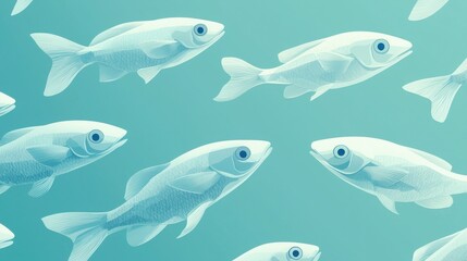 Obraz premium A school of fish swims in a serene teal underwater scene. The pale fish create a calming, minimalist image.