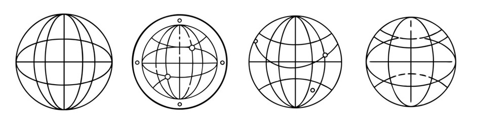 Minimalist Globe Grid Icons Representing Global Concepts - A set of four linear globe grid icons symbolizing global communication, geography, networking, and worldwide connections in a minimalist outl