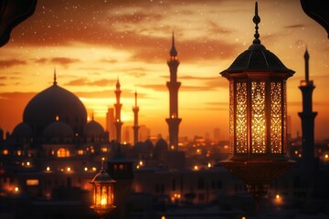 high-resolution islamic city view with ramadan lantern and distant city lights in warm atmosphere