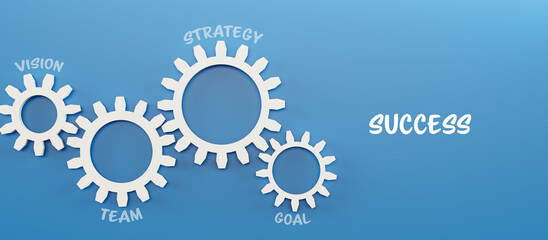 3D illustration of interconnected gears labeled vision, strategy, team, and goal, symbolizing teamwork, planning, and success on a blue background.