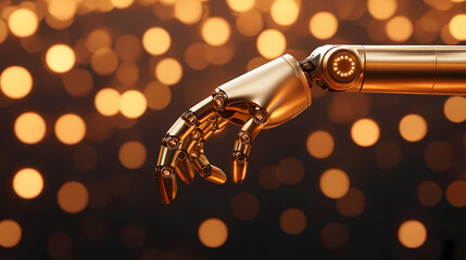 A metallic robotic hand reaches out against a backdrop of shimmering golden lights, symbolizing technology and innovation.