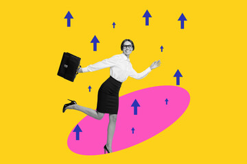 Art collage of happy businesswoman run work development concept carry briefcase arrow success pointer aim achievement