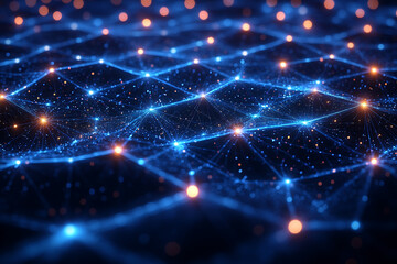 Obraz premium A futuristic abstract background featuring a grid of glowing triangles on a deep blue and black backdrop.