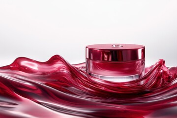 highly detailed and hyper-realistic still life image of a luxurious face cream packaging immersed in a glossy, jelly-like texture in shades of red and pink