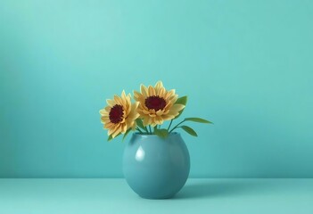 an image of a vase with sunflowers in it on a table, there is a blue vase with three sunflowers in...