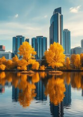 Obraz premium View of yellow autumn trees on the lake with reflection and modern buildings behind skyscraper city building skyscraper downtown business architecture cityscape