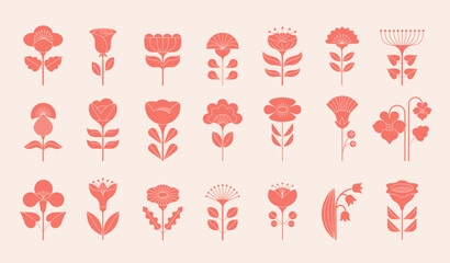 Geometric flowers collection, Nordic, Scandinavian style flowers illustrations. Red, blue modern flowers design © Marina Zlochin