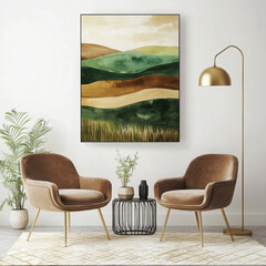 Modern wall art mockup: abstract landscape, green/beige tones, chairs, gold legs, side table, plants, lamp, cream rug, cozy