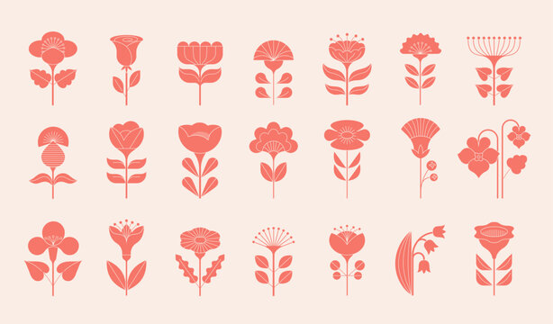 Fototapeta Geometric flowers collection, Nordic, Scandinavian style flowers illustrations. Red, blue modern flowers design