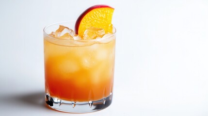 A refreshing glass of orange juice garnished with a vibrant slice of orange, showcasing a delightful beverage perfect for any occasion.