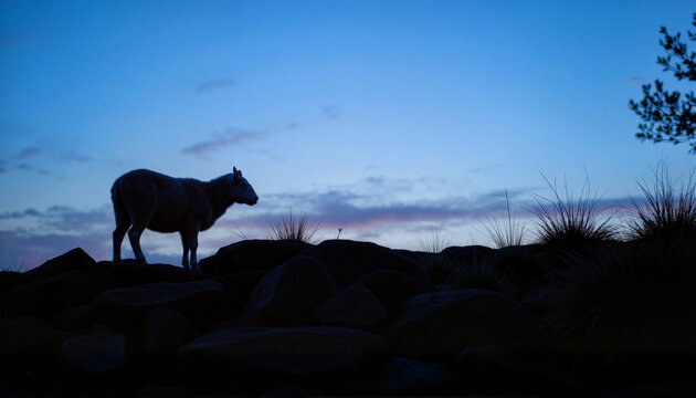 Majestic sheep silhouette atop rocky terrain at twilight, nature's beauty