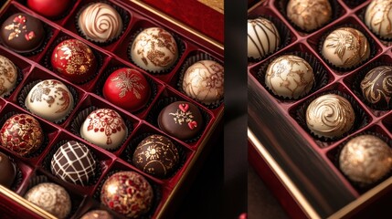 Obraz premium A box of artisanal Valentine's Day chocolates, each piece decorated with intricate designs, wrapped in luxurious red and gold packaging.