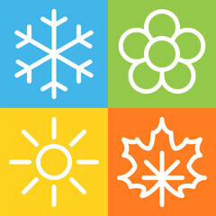 Snowflake, flower, sun and maple leaf line icons