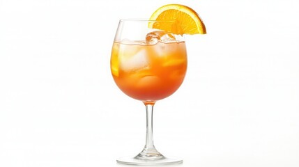 A refreshing glass of orange juice garnished with a vibrant slice of orange on the rim, perfect for a sunny day or brunch.