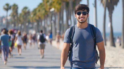Young Man Smiling on Beach Walkway with Palm Trees in Background