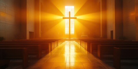 Naklejka premium Beautiful morning light streaming through stained glass in a serene church with a prominent cross at the altar