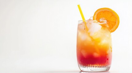 A refreshing glass of orange juice featuring a straw and a slice of orange, perfect for a summer drink or a healthy beverage option.