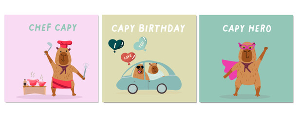 Postcards, cards set, collection with capybaras cards for capy birthday, holiday. Hand drawn vector illustration.