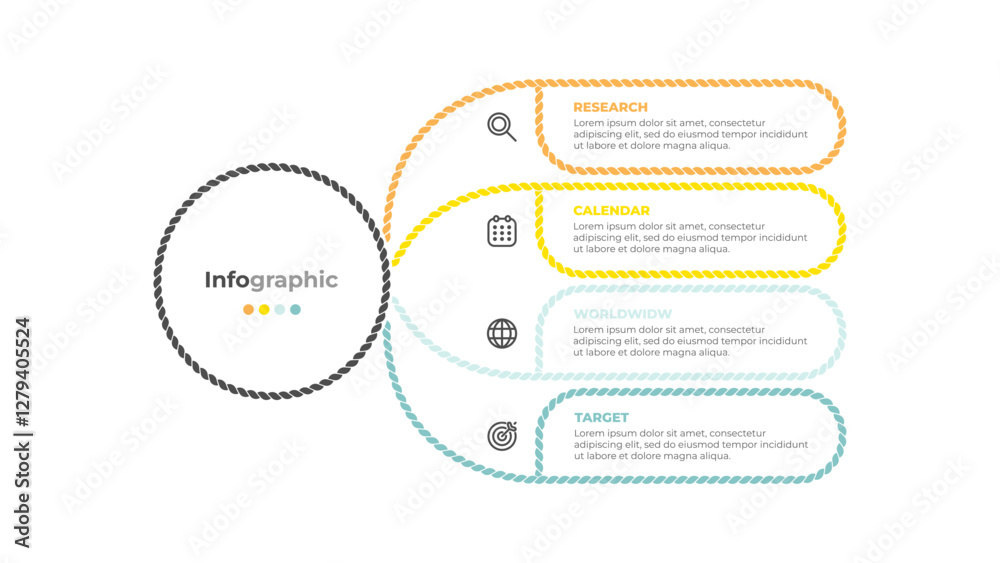 Poster infographic contains 4 sections. rounded rectangular shape and rope connected to a central circle. v