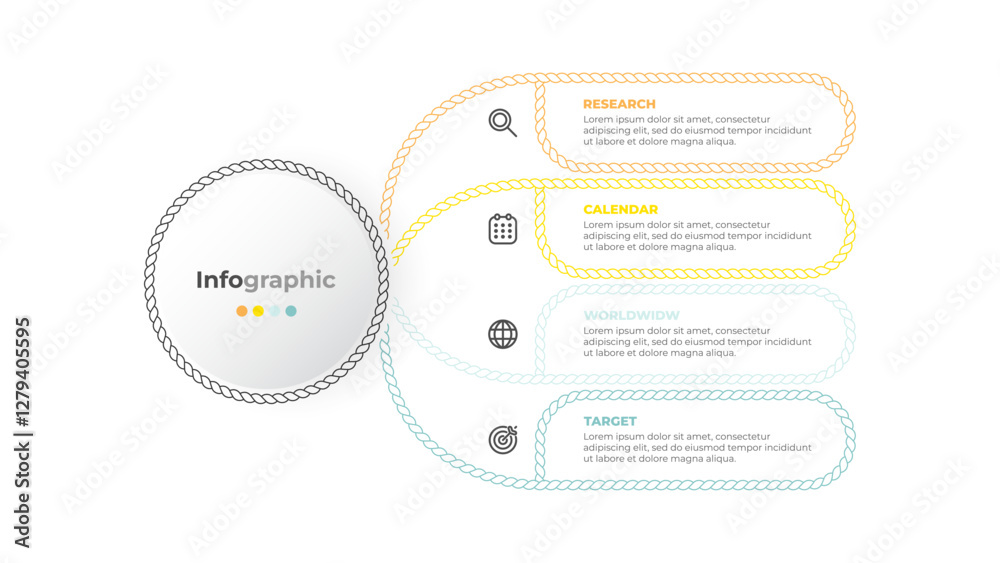 Poster infographic contains 4 sections. thin line rounded rectangular shape and rope connected to a central