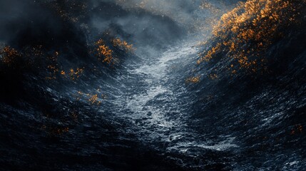 Misty mountain path with golden foliage.