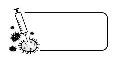 Vector illustration vaccinated concept with Influenza, flu, grippe viruses, coronavirus and syringe in frame, copy space on white background. Stop epidemic, pandemic. Flu vaccination, covid vaccine.  