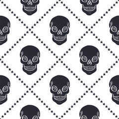 Seamless pattern with hand drawn black and white human skulls inside trellis. Halloween monochrome repeat background. Day of dead wrapping design.