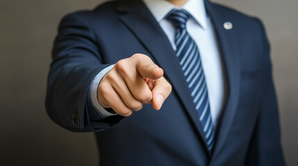 Close-Up of a Businessman in a Sharp Suit Confidently Pointing Directly at the Camera, Symbolizing Leadership, Decision-Making, Influence, and Professional Success in a Corporate Environment