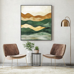 Modern wall art mockup: abstract landscape, green/beige tones, chairs, gold legs, side table, plants, lamp, cream rug, cozy