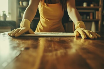 Obraz premium Cleaning an oak table with yellow gloves in a warm, sunlit room during a cozy afternoon