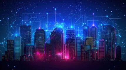 Obraz premium A vibrant digital skyline showcasing futuristic buildings illuminated by blue and purple lights against a dark background.