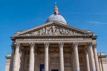Fragments of Pantheon (originally built as a church dedicated to St. Genevieve, 1758 - 1790, now secular mausoleum). View from place du Pantheon. Latin Quarter. Paris, France.