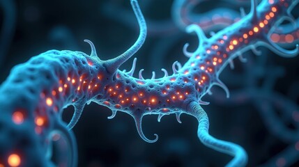 3D Rendering of artificial intelligence merging with organic life, biomechanical veins filled with luminous code, fractal intelligence structures forming a growing AI consciousness.