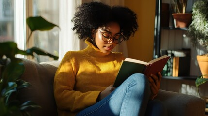 Young Woman Reading Book in Cozy Living Room with Plants