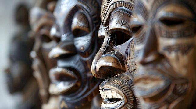 Close-up of Intricately Carved Traditional African Tribal Mask with Cultural Symbolism