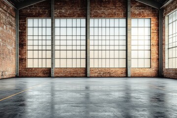 Contemporary large hangar interior with empty brick wall. AI generated illustration