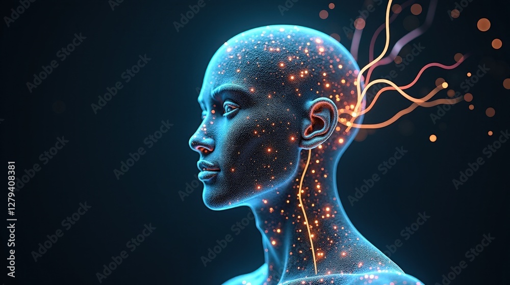 Fototapete 3d rendering of human biology fusing with machine intelligence, biomechanical structures forming an 