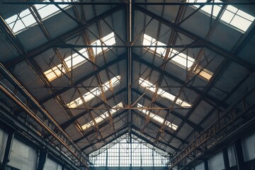 Contemporary large warehouse with metal structure on ceiling. AI generated illustration.
