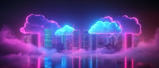 A vibrant, neon-lit skyline featuring clouds and reflections, creating a futuristic atmosphere.