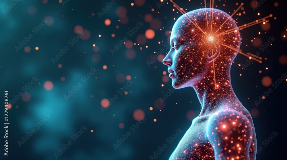 Fototapete 3d rendering of human biology fusing with machine intelligence, biomechanical structures forming an 