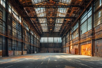 Obraz premium Contemporary large warehouse with metal structure on ceiling. AI generated illustration.