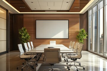 Contemporary meeting room interior with blank TV screen. AI generated illustration.
