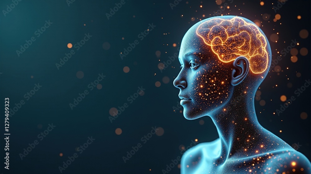 Fototapete 3d rendering of human biology fusing with machine intelligence, biomechanical structures forming an 