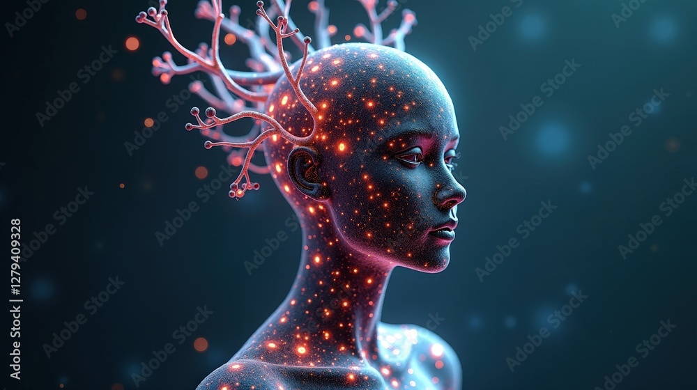 Fototapete 3d rendering of human biology fusing with machine intelligence, biomechanical structures forming an 