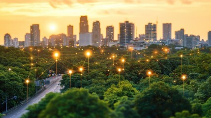 Naklejka premium A vibrant city skyline at sunset surrounded by lush greenery, with streetlights illuminating the scene, creating a picturesque urban landscape.