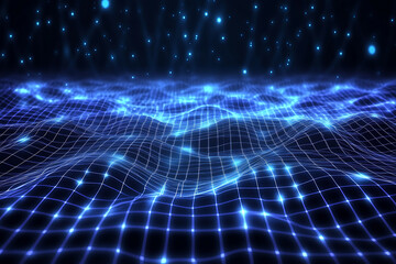 A futuristic abstract background featuring a grid of glowing triangles on a deep blue and black backdrop