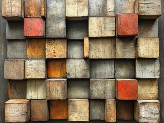 Rustic wooden blocks form a textured grid pattern, varying in shades of gray, beige, and orange. Perfect for backgrounds, textures, or design projects needing a vintage, industrial feel.