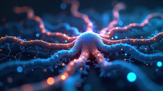 3D Rendering of a glowing neural network in bloom, branching synapses flowing like a cybernetic tree, electric-blue data paths pulsing across an infinite digital grid.